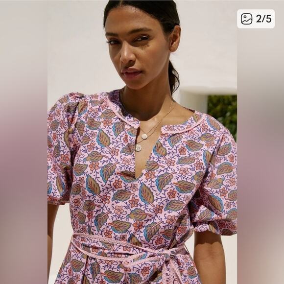 New Roller Rabbit Pink Floral Pasque Valonia Puff Sleeve Midi Dress XXS - Picture 2 of 9